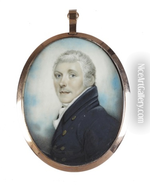 A Gentleman, Wearing Blue Double-breasted Coat, White Waistcoat, Frilled Chemise And Stock, His Hair Cropped And Powdered Oil Painting - John Thomas Barber Beaumont