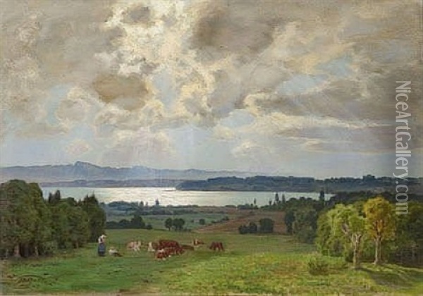 Hirten Mit Kuhherde Am Ufer Des Simssees Oil Painting - Theodor Graetz