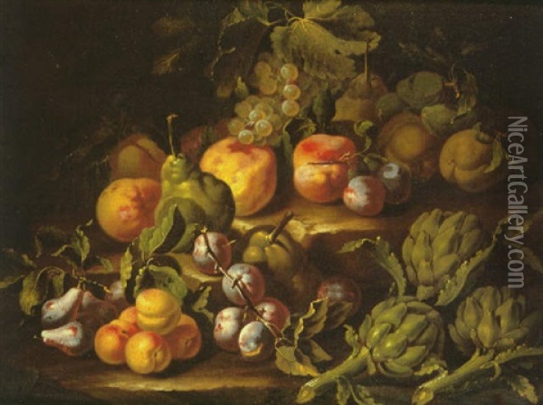 A Still Life Of Artichokes, Pears, Plums, Grapes, Peaches And Apricots On Stone Steps Oil Painting - Christian Berentz