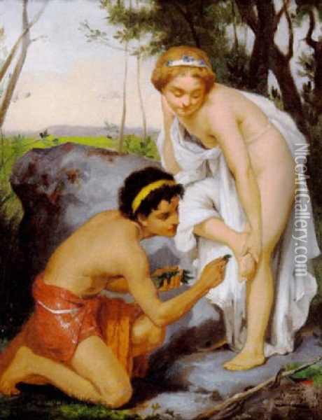 Klassisk Sceneri Med Yngling, Der Helbreder En Ung Pige, Der Er Blevet Bidt Af En Slange Oil Painting - Pierre Dupuis