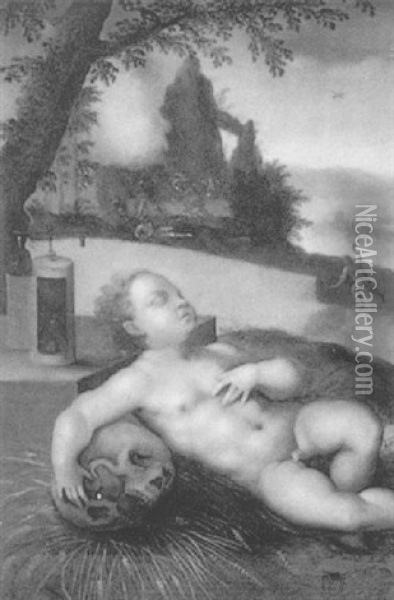Schlafender Putto In Einer Landschaft, Allegorie Der Verganglichkeit Oil Painting - Jan Sanders (Jan van) Hemessen