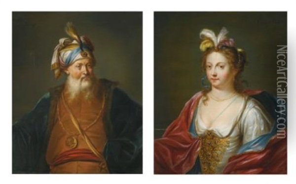 A Turbaned Man In Oriental Dress; A Lady In Oriental Dress (pair) Oil Painting - Balthasar Beschey