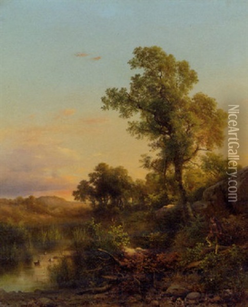 Maremma Presso S. Vincenzo, Tuscany: A Wooded Landscape With A Huntsman Stalking Ducks Oil Painting - Guido Agostini