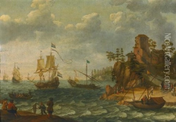 Ships Moored Off A Rocky Coastline With Fishermen Unloading Their Catch Oil Painting - Abraham Willaerts