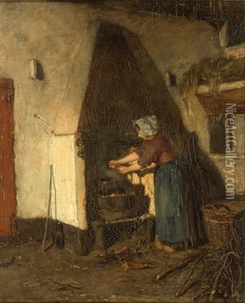 Hollanderin Hantiert Am Offenem Feuer Vor Altem Kamin Oil Painting - Salomon Graf