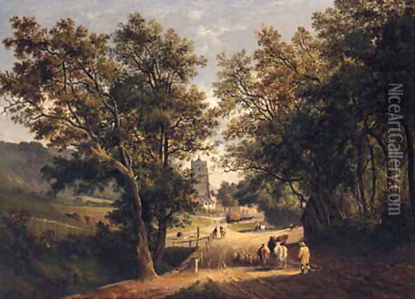 A Drover With Cattle And Sheep, A Village Beyond Oil Painting - James Stark
