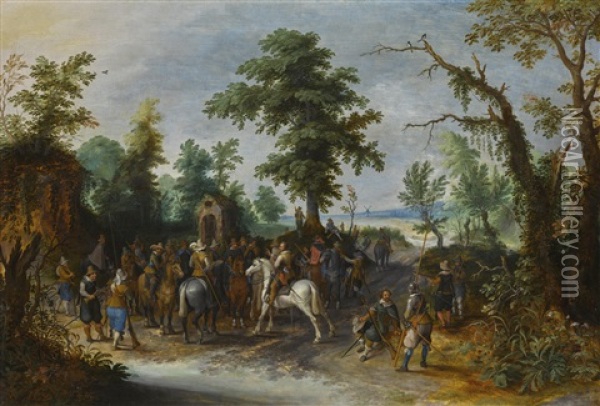 A Gathering Of Soldiers In A Clearing Oil Painting - Sebastian Vrancx