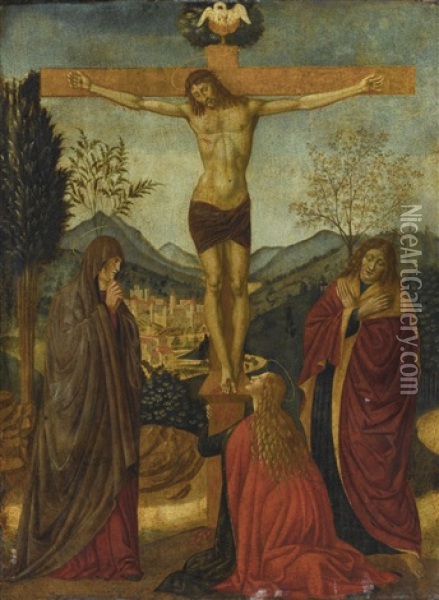 The Crucifixion, With The Madonna And Saints John The Evangelist And Mary Magdalene, A City And Mountainous Landscape Beyond Oil Painting - Alesso Di Benozzo