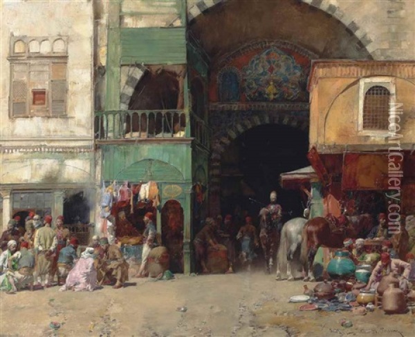 Marketplace At The Entrance To A Bazaar, Constantinople Oil Painting - Alberto Pasini