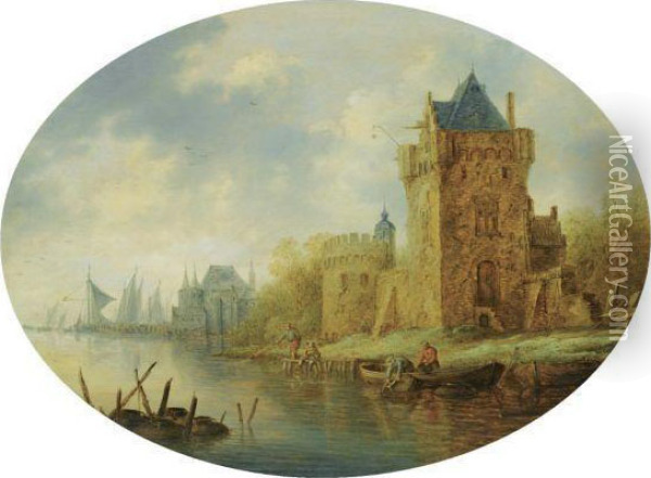 A River Landscape With A Fortified Town On The River Banks, Fishermen In The Foreground, Shipping Beyond Oil Painting - Pieter de Neyn