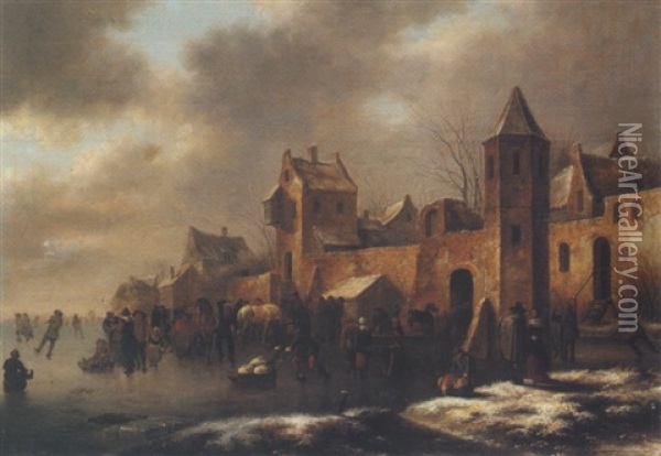 Winter Landscape With A Walled Town And Figures Skating Oil Painting - Nicolaes Molenaer