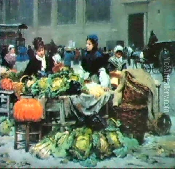 A Vegetable Stand, At Les Halles Centrales, Paris Oil Painting - Victor Gabriel Gilbert