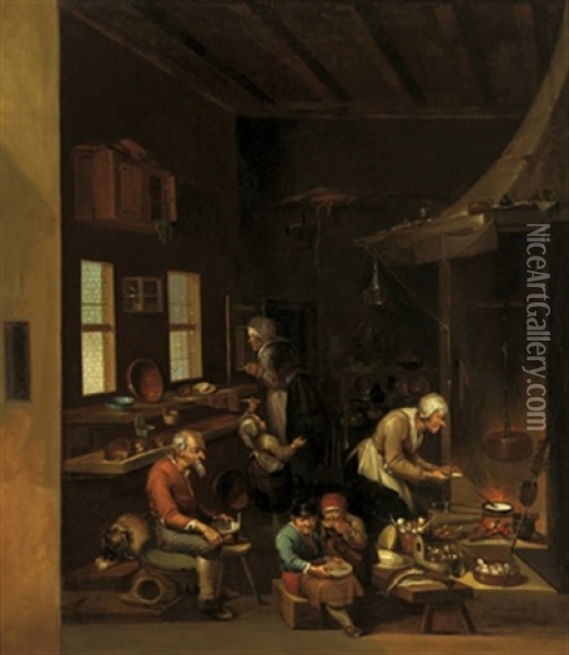 Eine Alte Frau Kocht Fur Ihre Familie Das Essen Oil Painting - Franz-Joseph (Weber) Textor