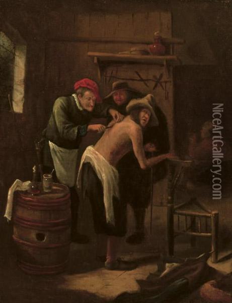 A Quack Operating On A Peasant's Back In An Interior Oil Painting - Jan Steen