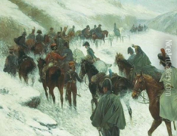 Napoleon Leading His Troops Through The Guadarrama Mountains Oil Painting - Jan van Chelminski