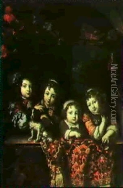 Four Children Resting On Ledge Oil Painting - Arnold Boonen