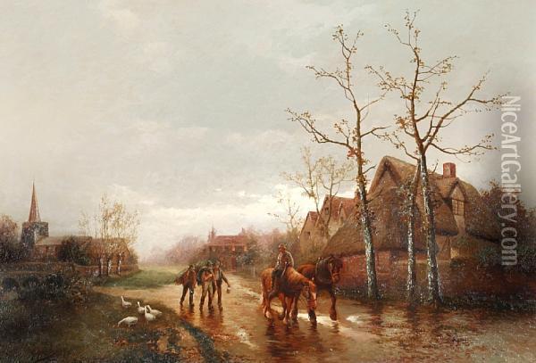 Farmers And Horses On A Country Track, And Another: Farm Workers On A Village Lane Oil Painting - James Walter Gozzard