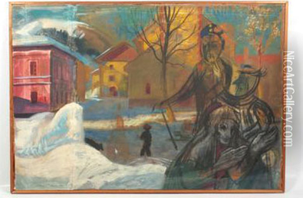 Winterliches Dorf Mit Figuren Oil Painting - Albert Kunze