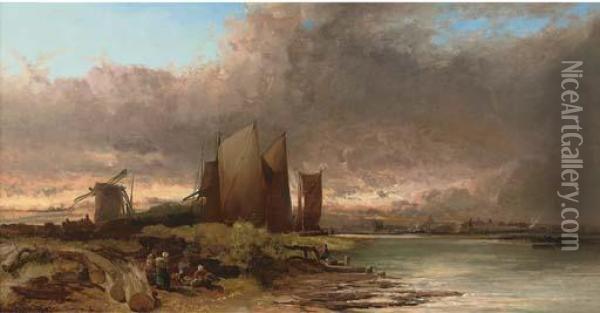 Fisherfolk On A Tidal Estuary, Shoreham Oil Painting - James Webb