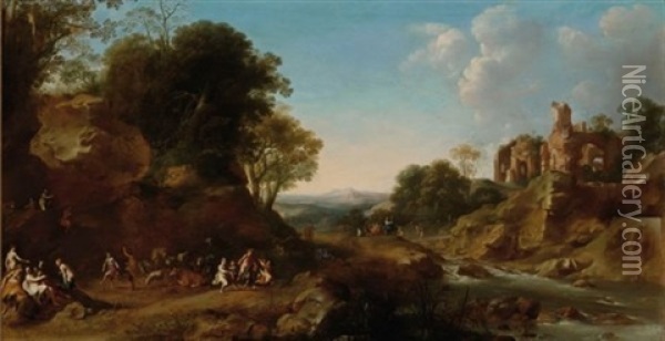 An Extensive Italianate Landscape With A Bacchanale, Other Bacchantes On A Bridge In The Background Near Ruins On A Hill Oil Painting - Dirck Van Der Lisse