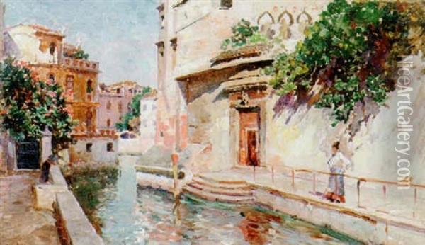 A Venetian Canal Oil Painting - Francisco Pradilla y Ortiz