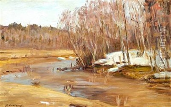 Russian Landscape At Thaw With Birch Trees At A Stream Oil Painting - Manuil Aladzhalov
