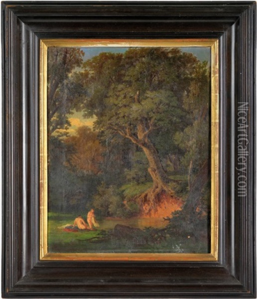 Bachlandschaft Mit Badenden Oil Painting - Hermann Reichsfreiherr von Koenigsbrunn