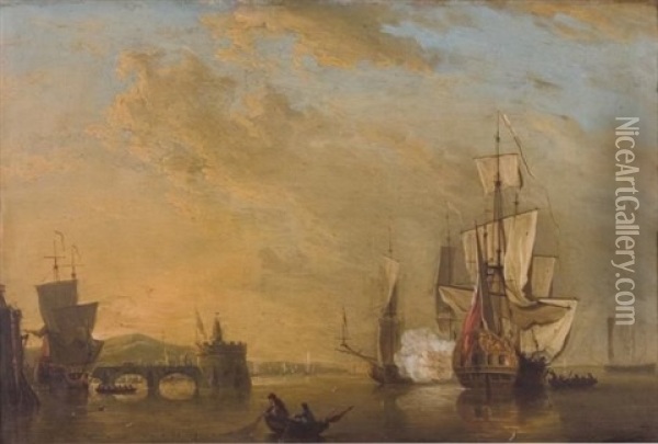 Battleship Off The Shore Oil Painting - Peter Monamy