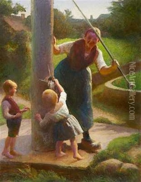 Mor Og Born Ved En Vandpost Oil Painting - Hans Ole Brasen