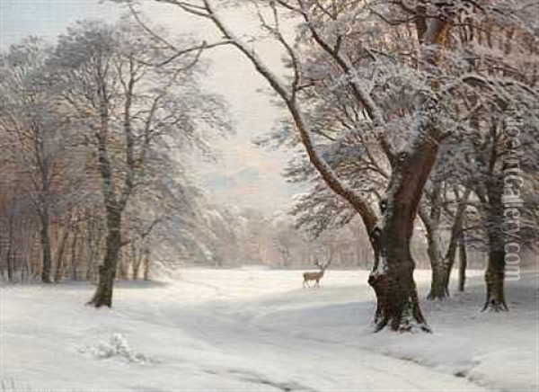 Vinterdag I Dyrehaven Oil Painting - Anders Andersen-Lundby