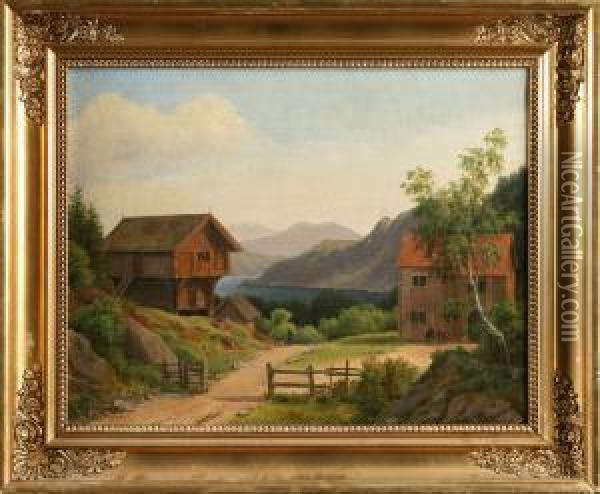 Norsk Fjord Med Hus Oil Painting - Maria Ree