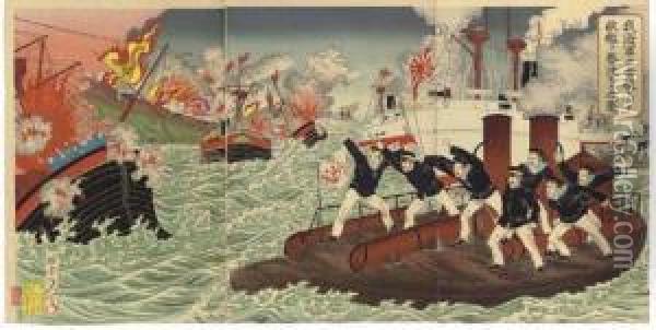 Our Navy Attacks An Enemy Ship By Torpedo Boat Oil Painting - Watanabe Nobukazu