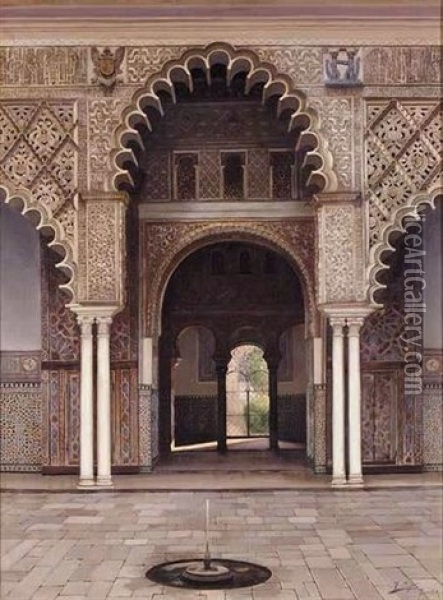 Fuente En Un Patio Moro (fountain In A Moorish Courtyard) Oil Painting - Fernando Liger Hidalgo