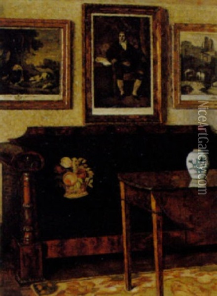 Interior Med Sofa Og Kinesisk Vase Pa Et Bord Oil Painting - Niels Holsoe