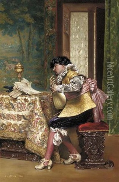The Lute Player Oil Painting - Adolphe Alexandre Lesrel