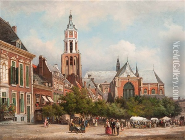 View Of The Kerkplein Square And The Eusebius Church In Arnhem Oil Painting - Elias Pieter van Bommel
