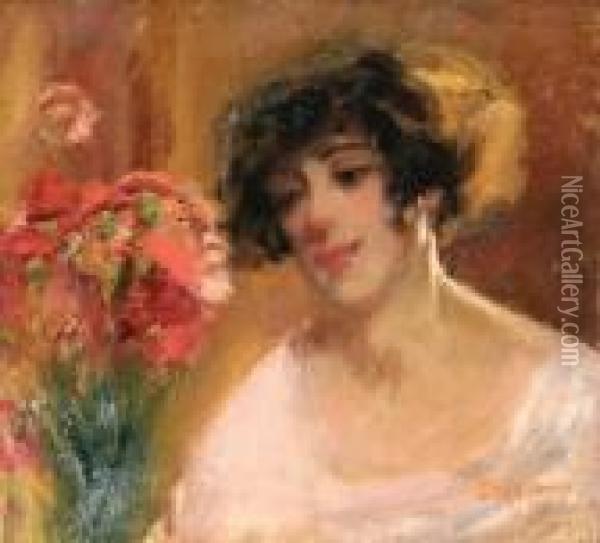 Figura Femminile Con Fiori Oil Painting - Luigi Crisconio