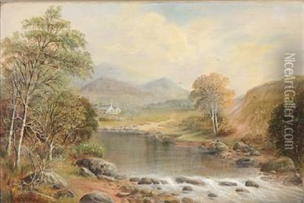 Welsh Landscape With Two Fishermen At A River Oil Painting - William Henry Mander