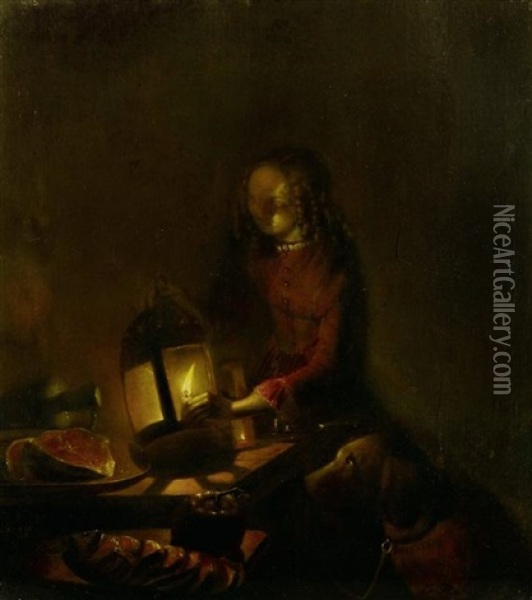 Junge Frau Mit Hund Beim Kerzenlicht Oil Painting - Jan Hendrik van Grootvelt