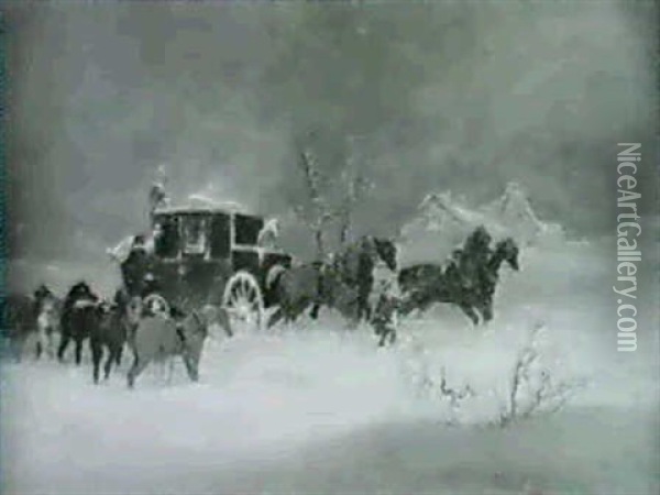 A Leeds Coach And Four In A Snowstorm; And Changing Horses  In A Snowstorm (a Pair) Oil Painting - Richard Dodd Widdas