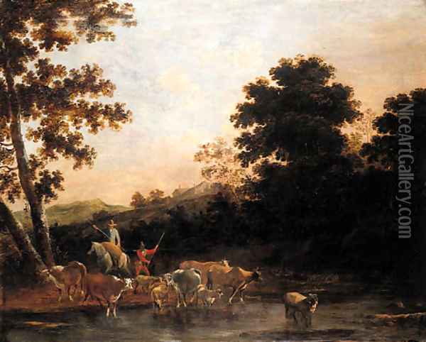 Cowherds watering cattle in an Italianate landscape Oil Painting - Willem Romeyn