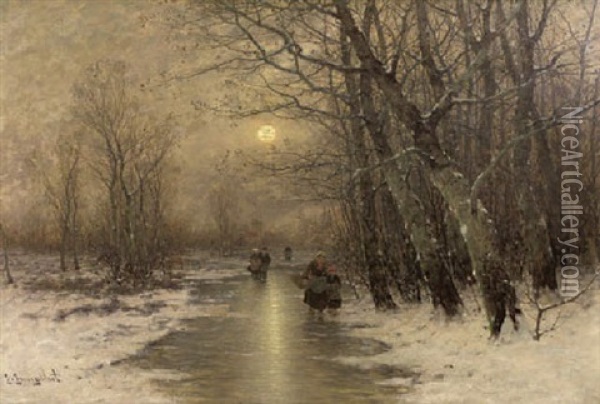 Peasants On A Frozen Waterway In Winter Oil Painting - Johann Jungblut