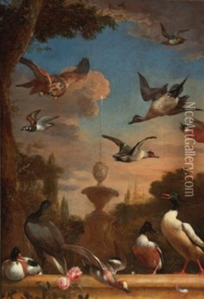 A Classical Garden Landscape With A Mallard, A Golden Eagle And Other Wild Fowl In Flight Oil Painting - Melchior de Hondecoeter