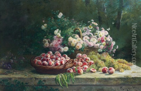 Corbeille De Peches, Raisins Et Panier De Fleurs Sur Un Muret Oil Painting - Albert Tibule Furcy De Lavault