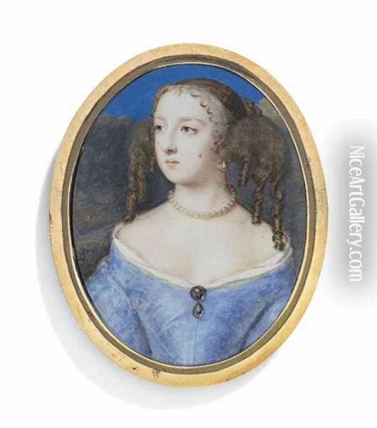 A Young Lady Traditionally Called Lady Alington, Nee Elizabeth Tollemache (d. 1671), In Blue Silk Dress With Gem-set Brooch At Corsage, Wearing A Pearl Necklace And Earrings, Her Hair Dressed In Ringlets Oil Painting - Samuel Cooper