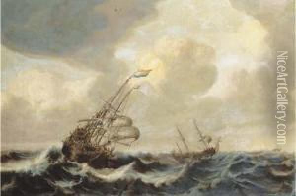 A Dutch Three-master And Other Shipping In A Stiff Breeze At Opensea Oil Painting - Jan Porcellis