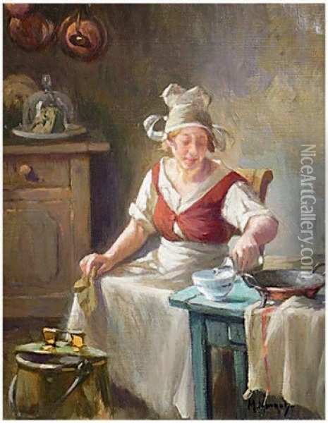 Dans L'office Oil Painting - Maurice Louis Monnot