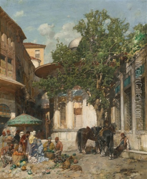 By The Fountain, Constantinople Oil Painting - Alberto Pasini