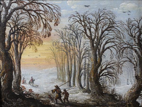 Cavaliers Et Marchands Ambulants Dans Un Paysage D'hiver Oil Painting - Gijsbrecht Leytens