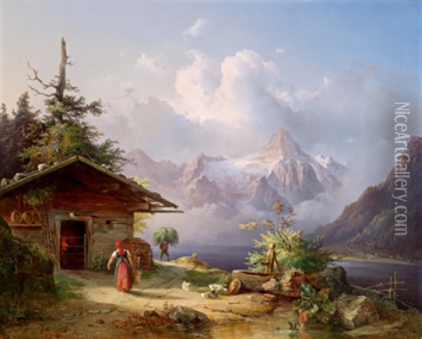 Blick Auf Den Dachstein, Im Vordergrund Hutte Und Figurliche Staffage Oil Painting - Edmund Mahlknecht